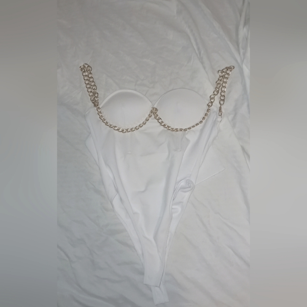 White and gold chain bodysuit size L never worn